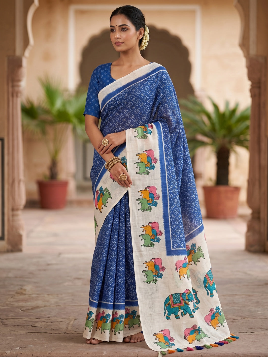 Peachmode Blue Pichwai Printed Linen Saree - Image 1