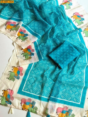 Peachmode Teal Pichwai Printed Linen Saree - Image 2