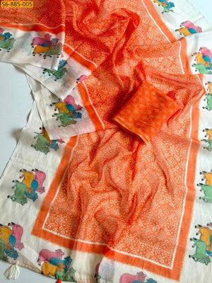 Peachmode Orange Pichwai Printed Linen Saree - Image 2