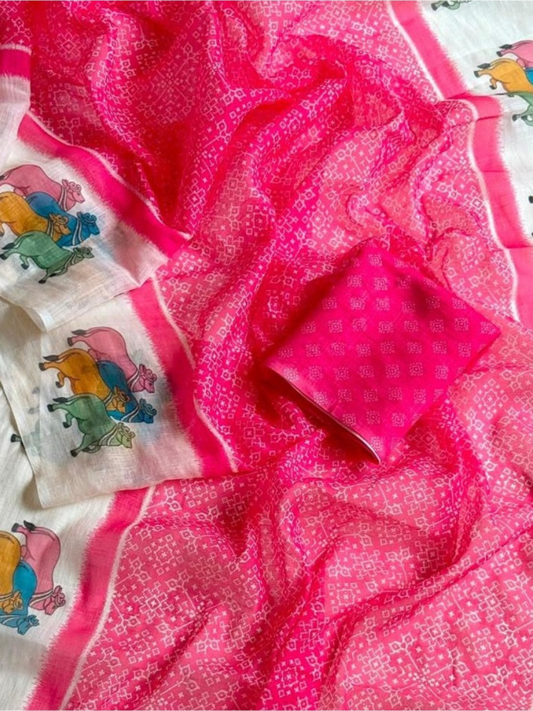 Peachmode Pink Pichwai Printed Linen Saree - Image 3