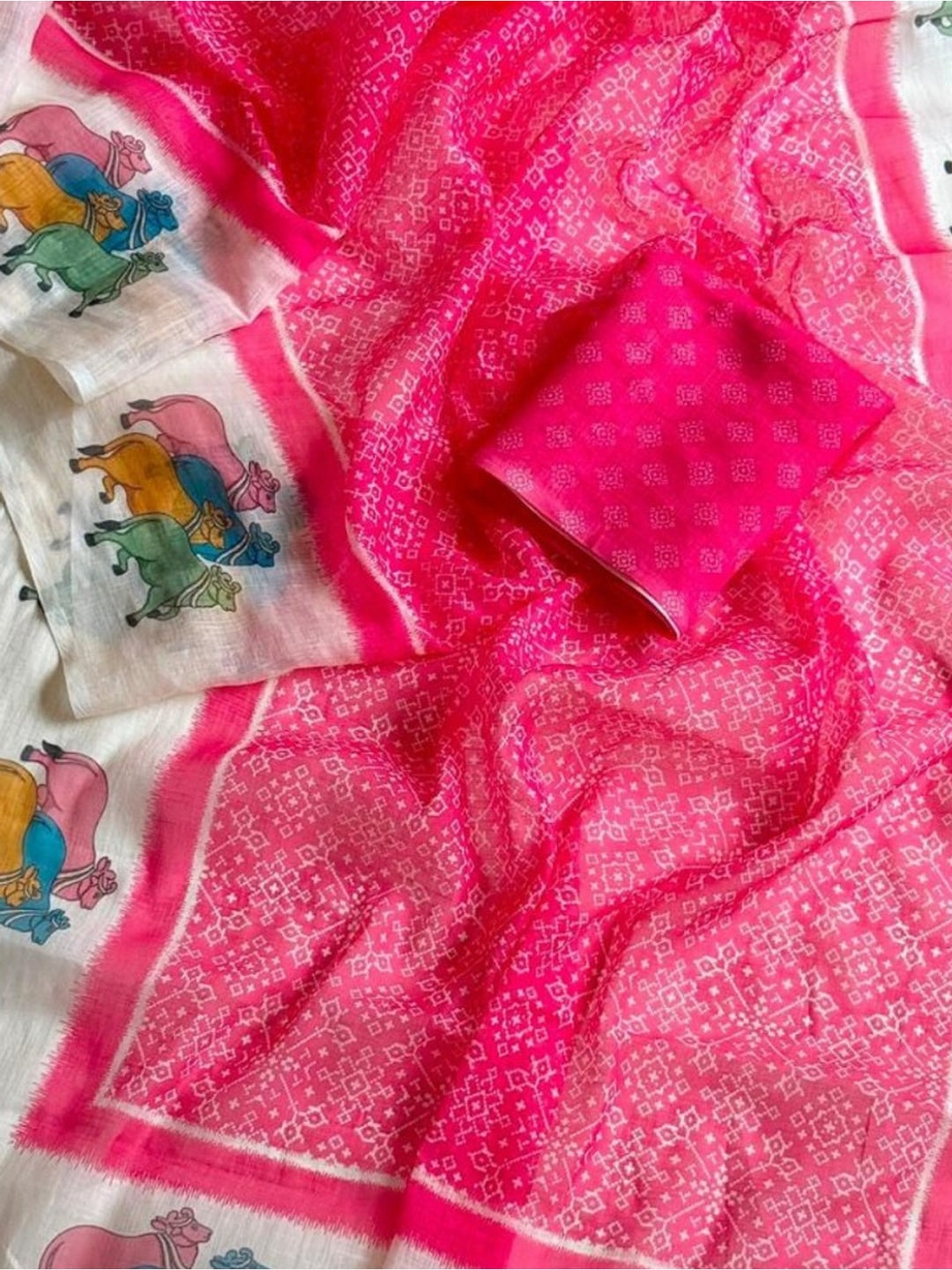 Peachmode Pink Pichwai Printed Linen Saree - Image 4
