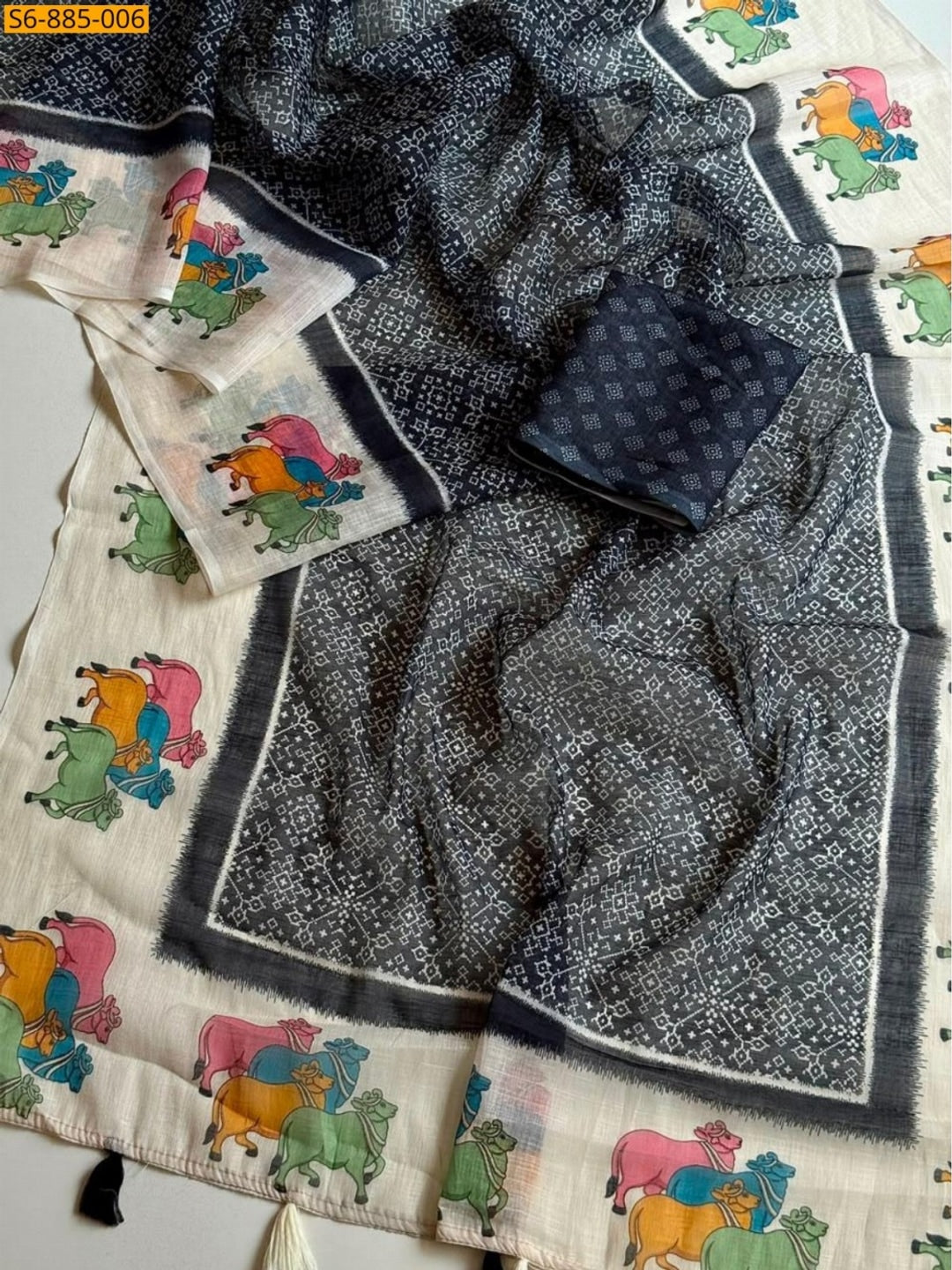 Peachmode Black Pichwai Printed Linen Saree - Image 2