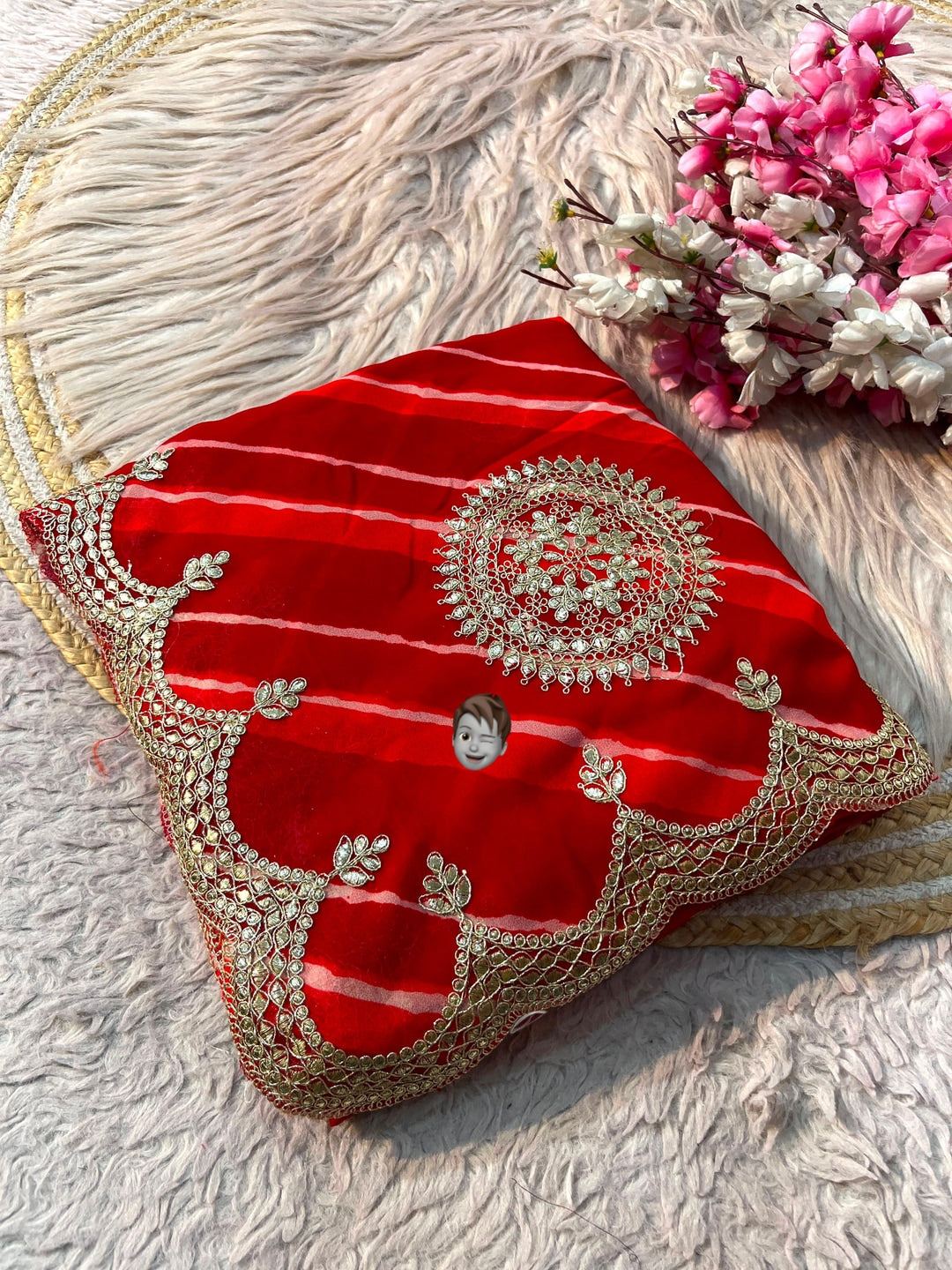 Peachmode Red Embroidered Leheriya Georgette Saree - Image 3