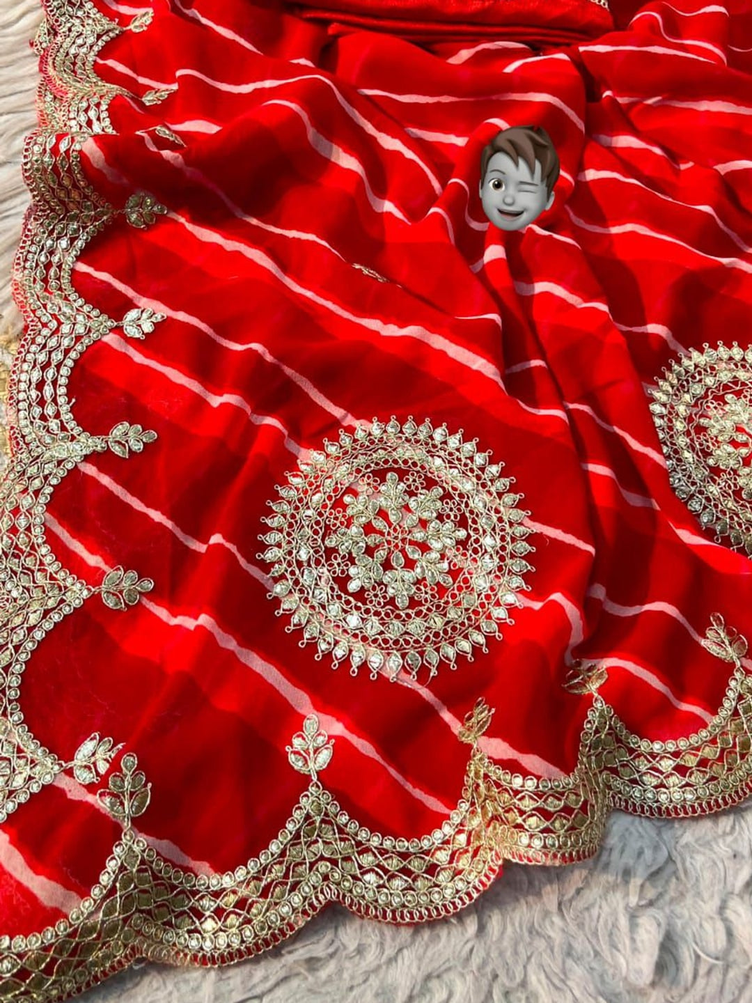 Peachmode Red Embroidered Leheriya Georgette Saree - Image 6