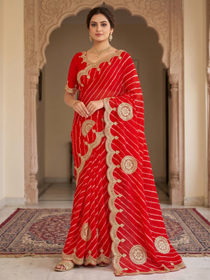 Peachmode Red Embroidered Leheriya Georgette Saree - Image 1