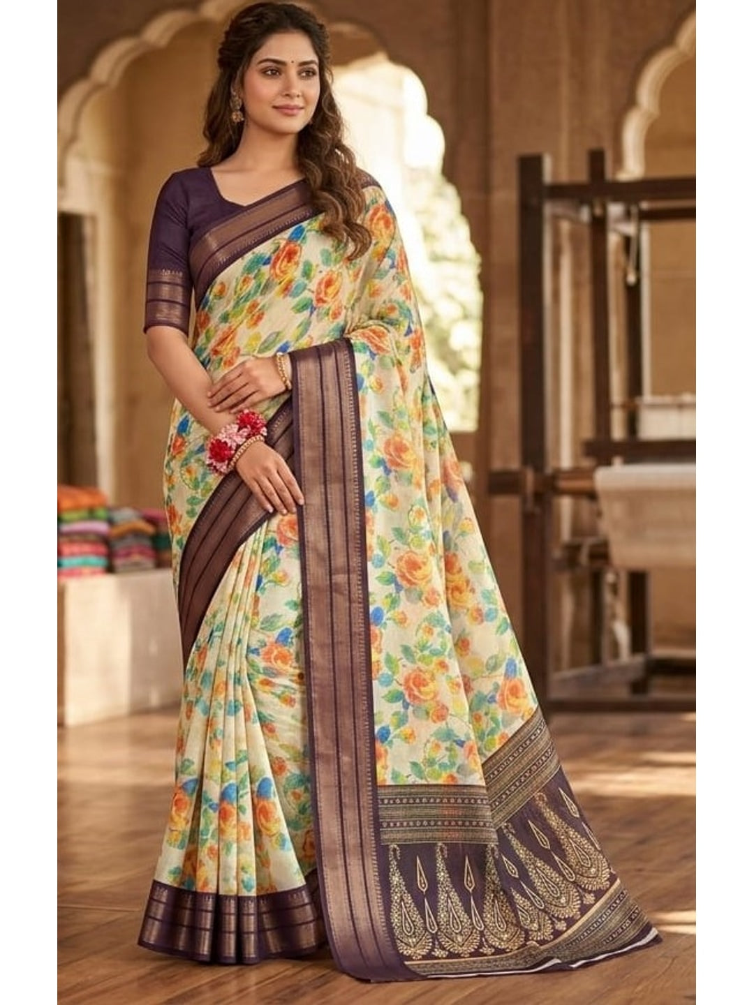 Peachmode Off White Floral Printed Dola Silk Saree - Image 2