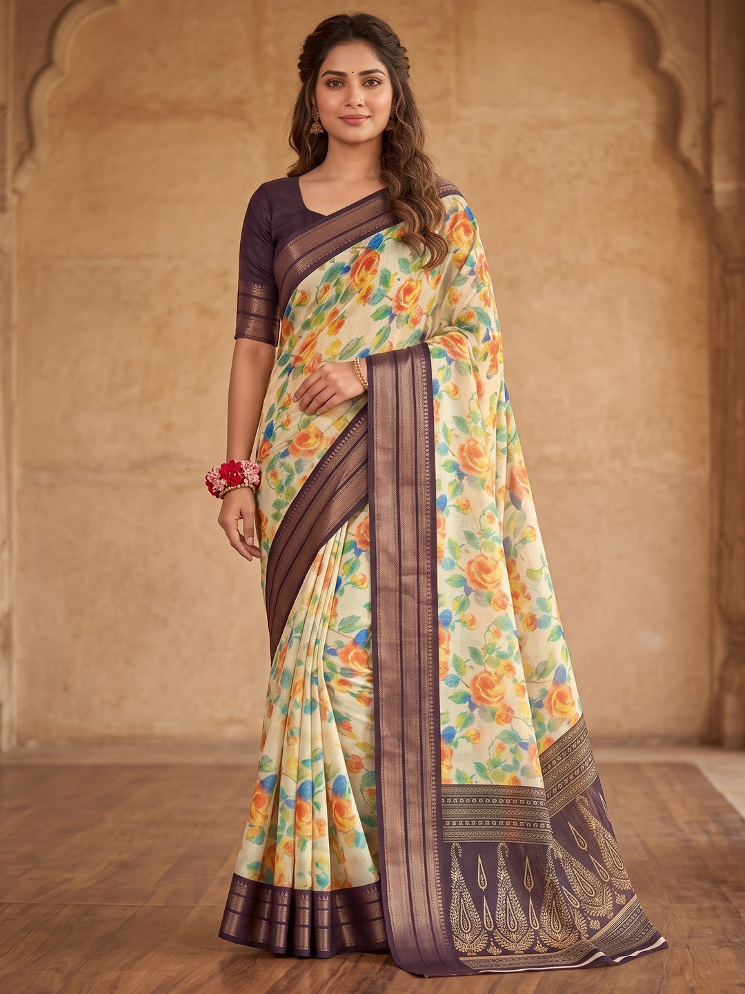 Peachmode Off White Floral Printed Dola Silk Saree - Image 1