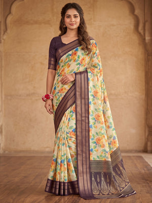 Peachmode Off White Floral Printed Dola Silk Saree - Image 1