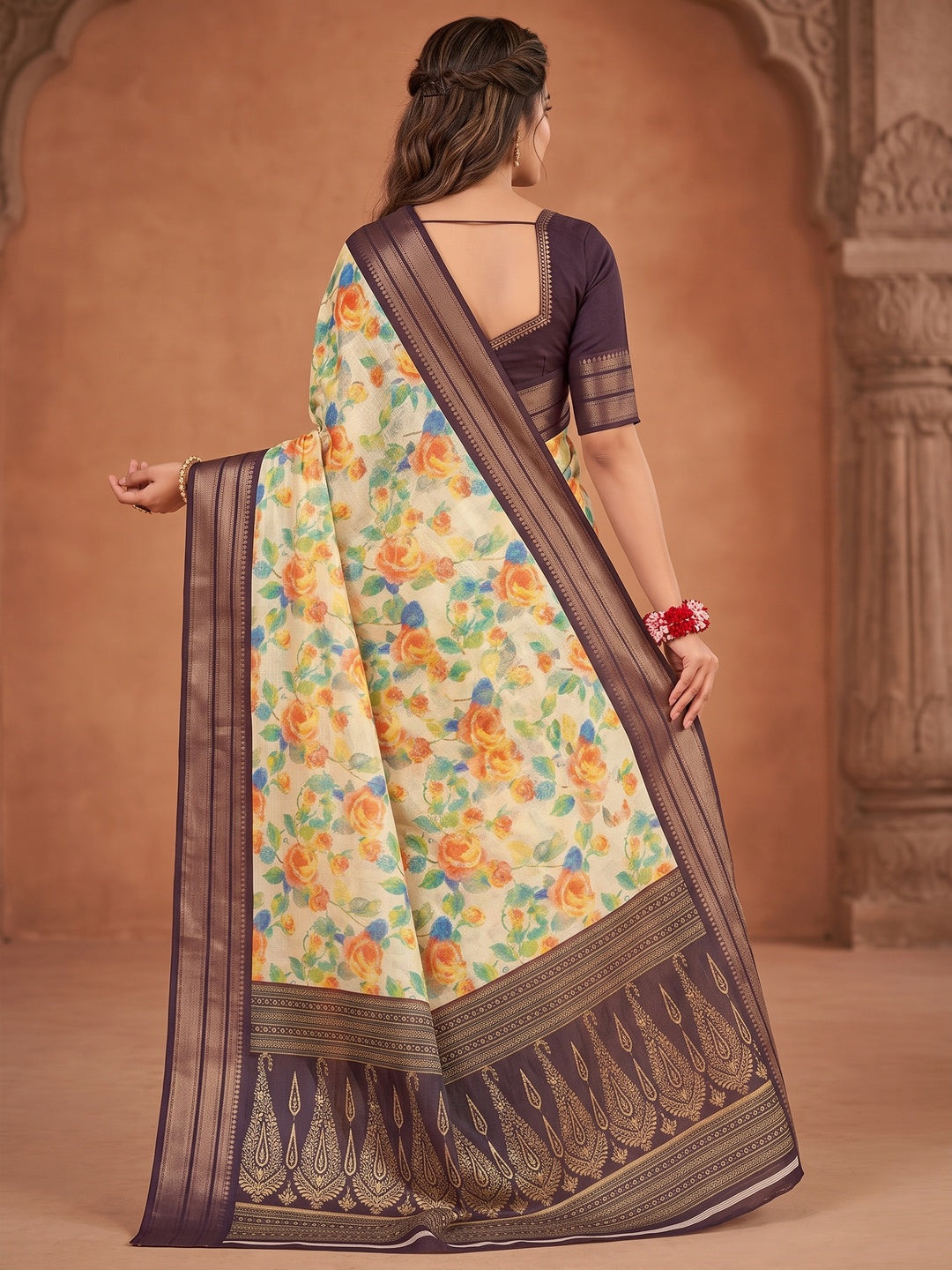 Peachmode Off White Floral Printed Dola Silk Saree - Image 3