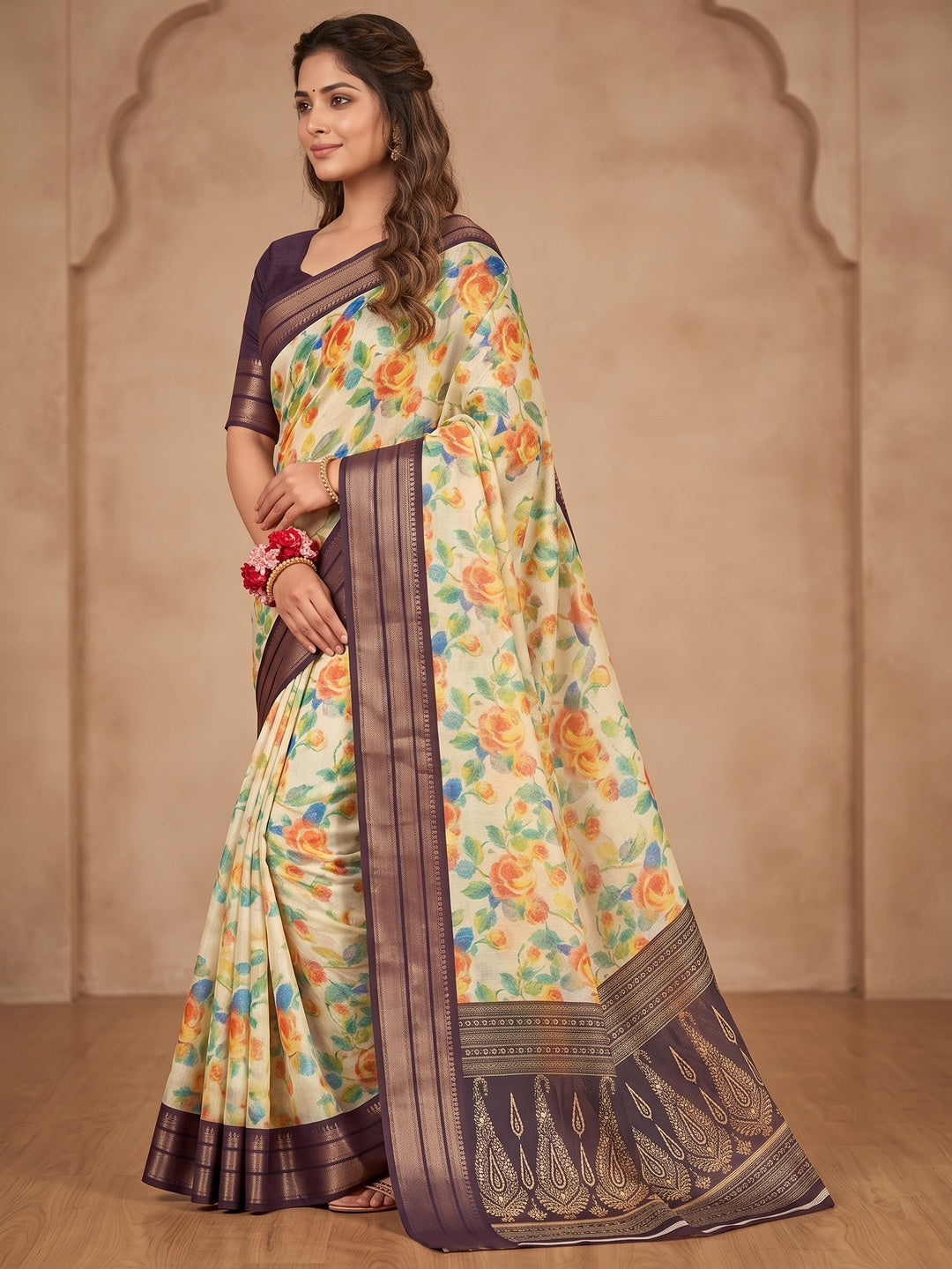 Peachmode Off White Floral Printed Dola Silk Saree - Image 4