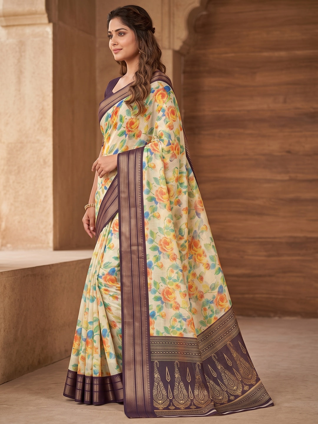 Peachmode Off White Floral Printed Dola Silk Saree - Image 5