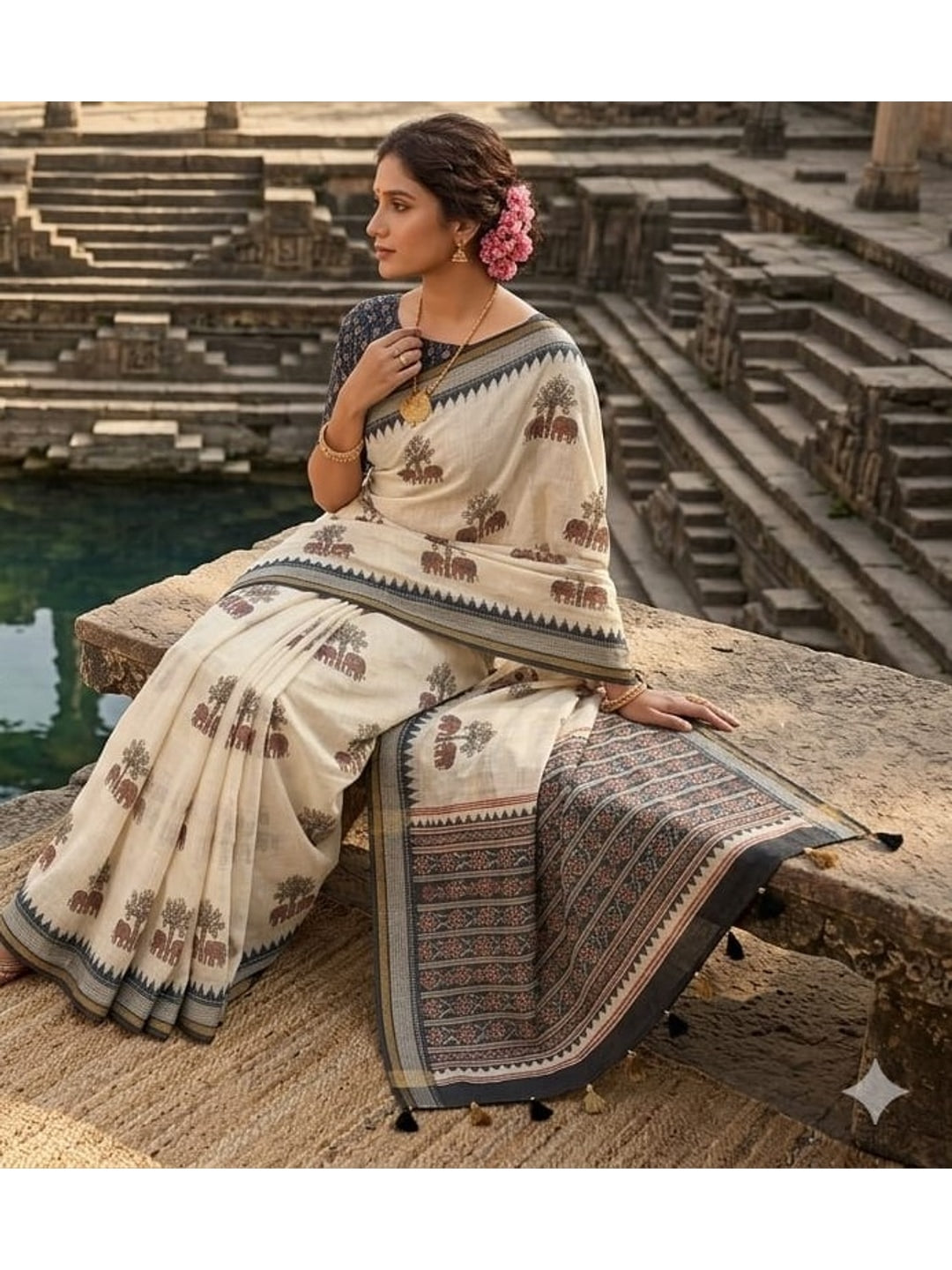 Peachmode Off White Elephant Printed Linen Saree - Image 2