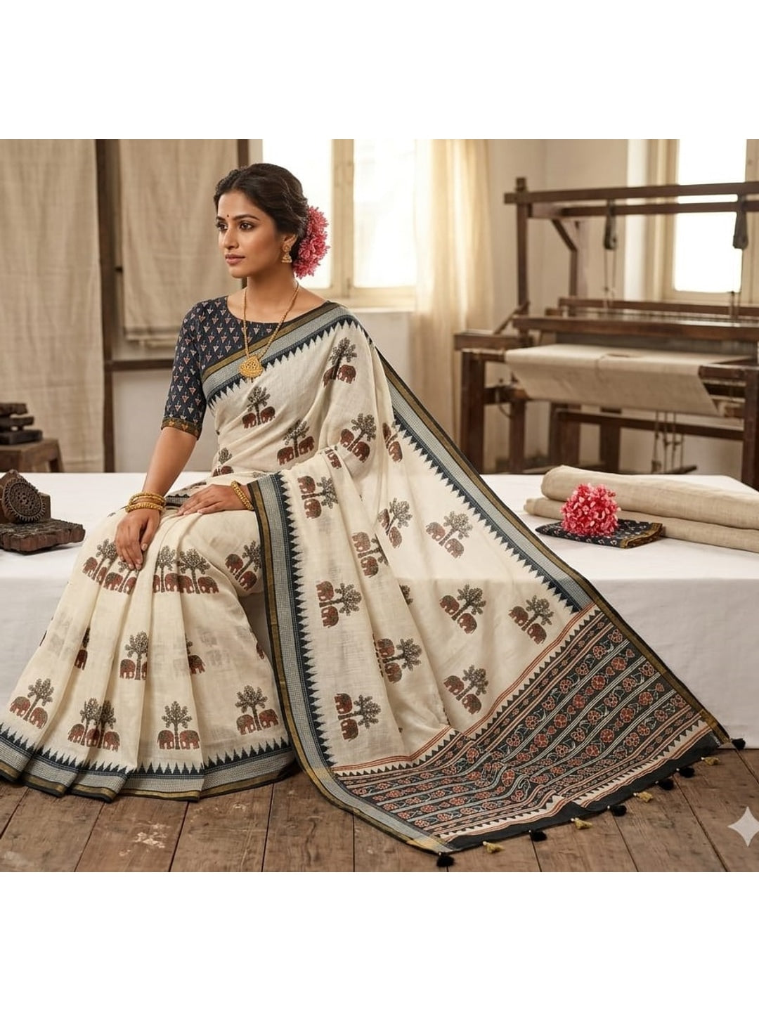 Peachmode Off White Elephant Printed Linen Saree - Image 3