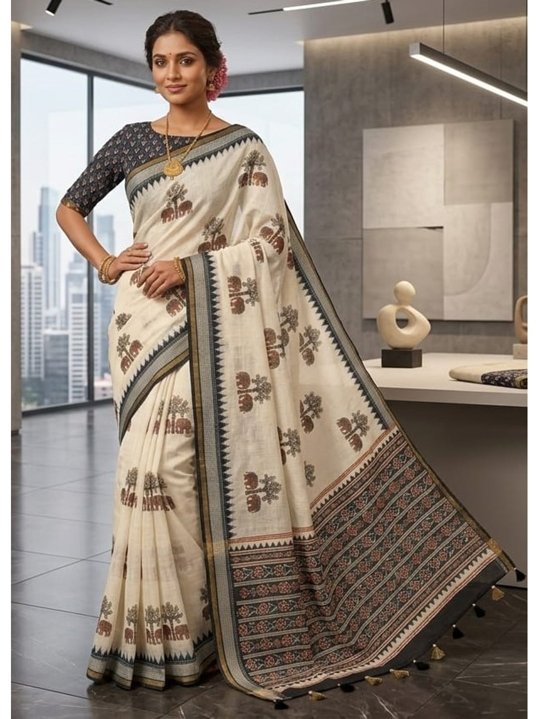 Peachmode Off White Elephant Printed Linen Saree - Image 4