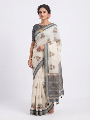 Peachmode Off White Elephant Printed Linen Saree - Image 1