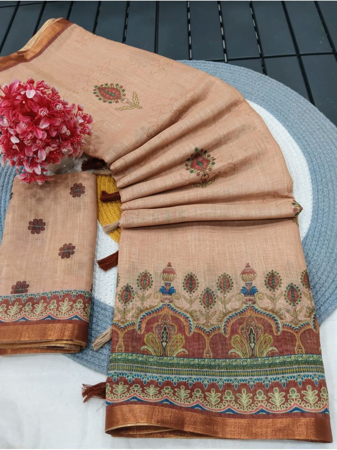 Peachmode Peach Botanical Printed Linen Saree - Image 4