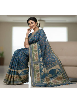 Peachmode Blue Floral Printed Linen Saree - Image 2