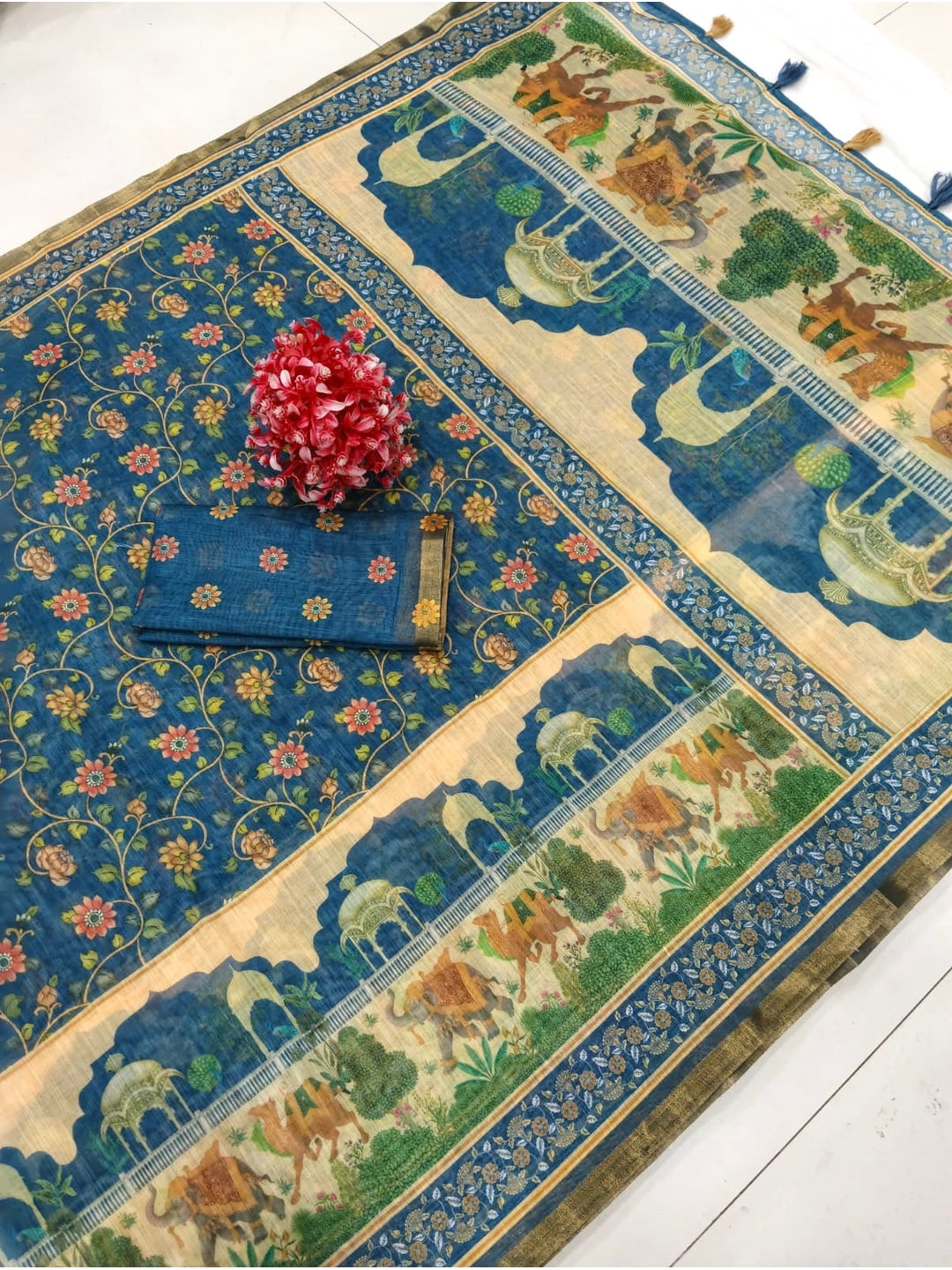 Peachmode Blue Floral Printed Linen Saree - Image 5