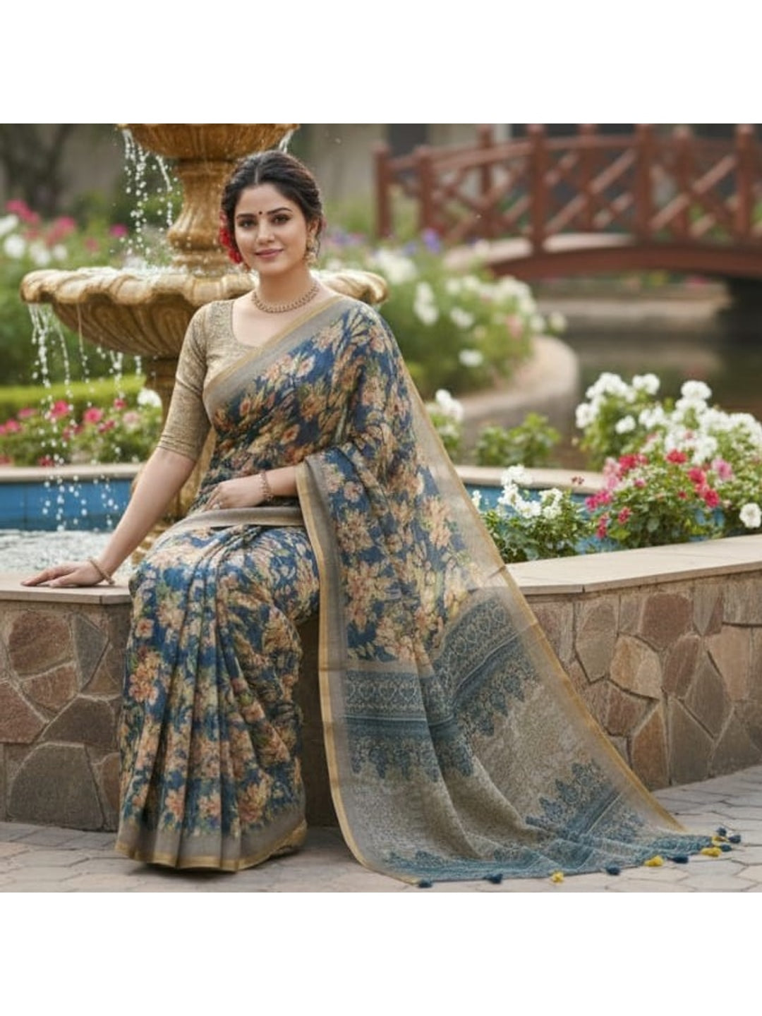 Peachmode Blue Grey Floral Printed Linen Saree - Image 2