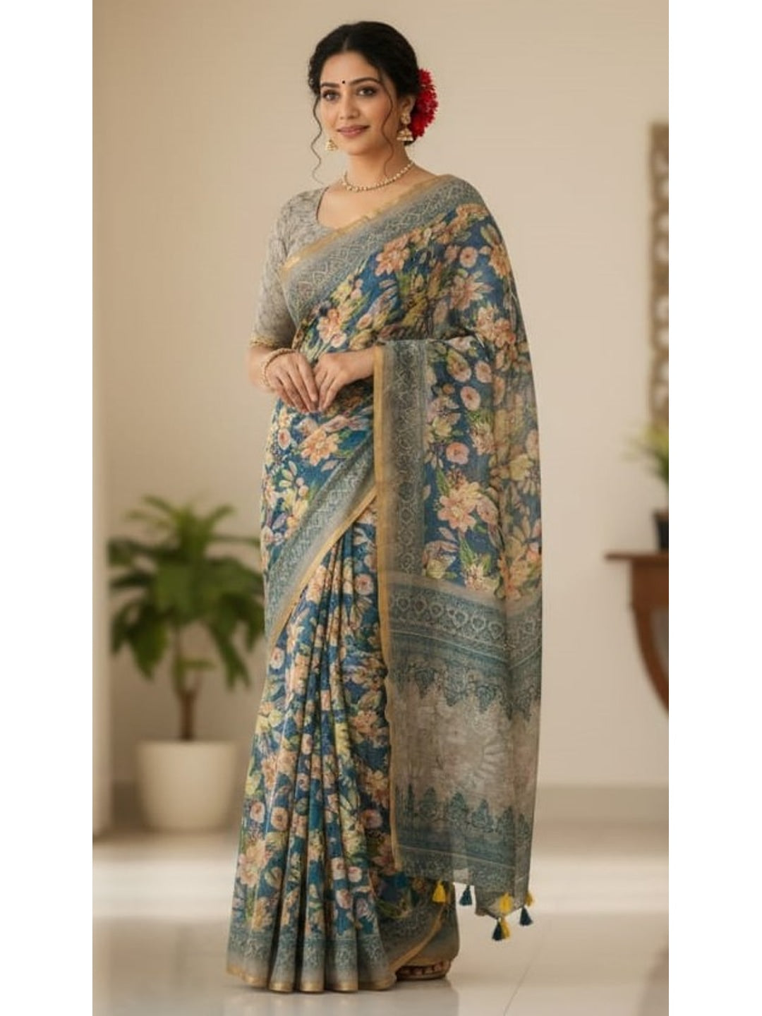 Peachmode Blue Grey Floral Printed Linen Saree - Image 3