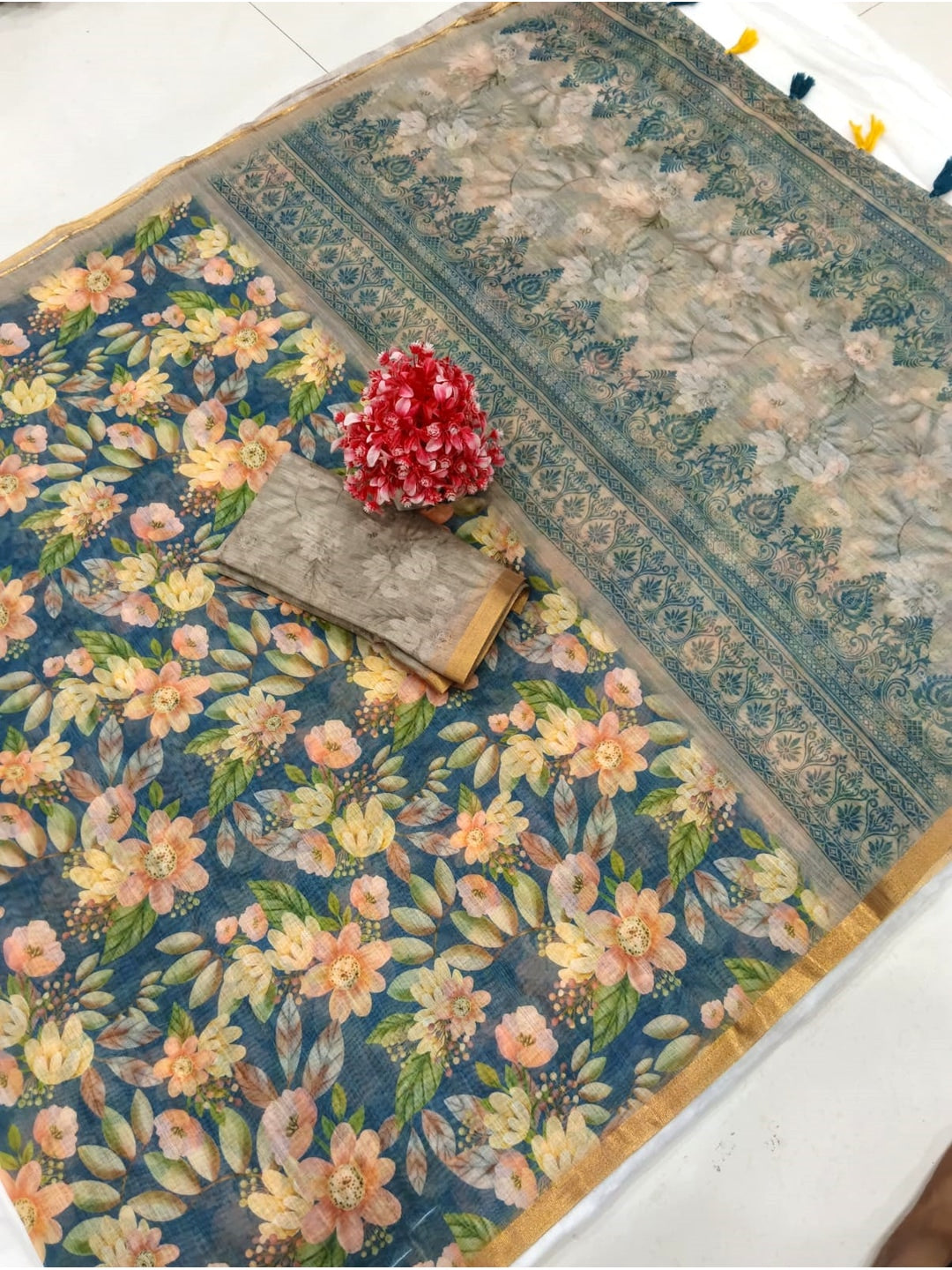 Peachmode Blue Grey Floral Printed Linen Saree - Image 6