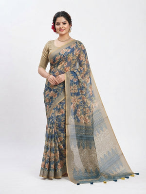 Peachmode Blue Grey Floral Printed Linen Saree - Image 1