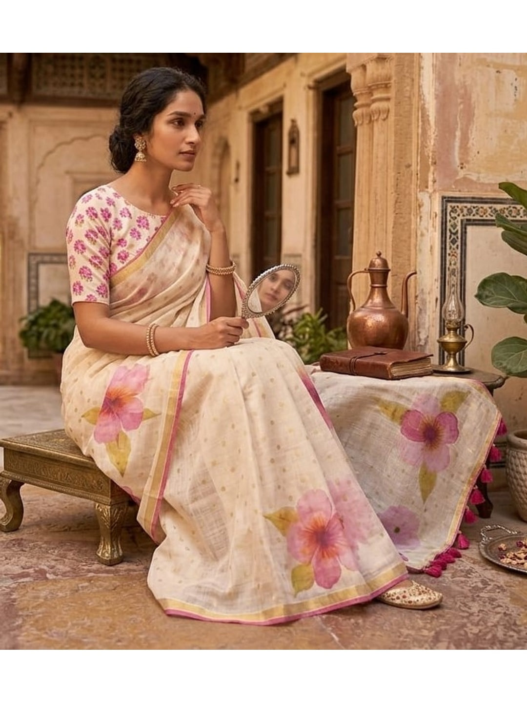 Peachmode Cream Pink Floral Printed Linen Saree - Image 2