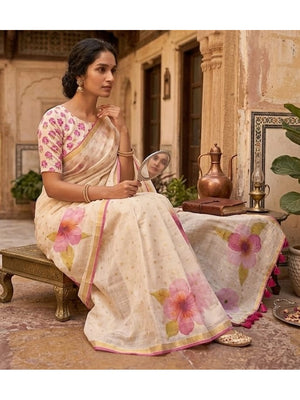 Peachmode Cream Pink Floral Printed Linen Saree - Image 2
