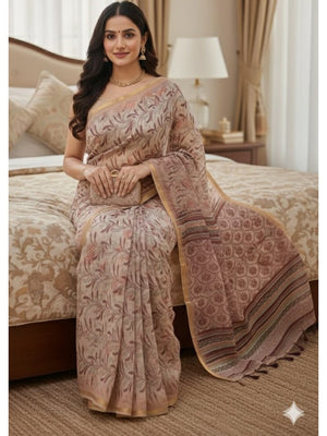 Peachmode Beige Botanical Printed Linen Saree - Image 1