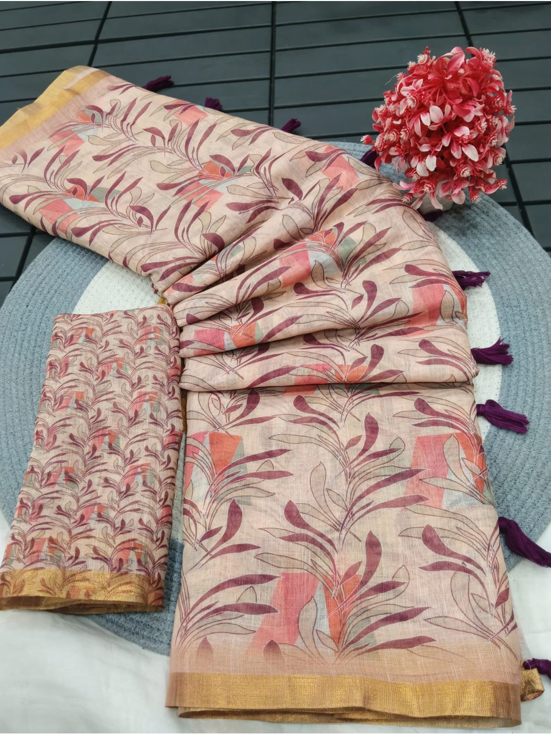 Peachmode Beige Botanical Printed Linen Saree - Image 2