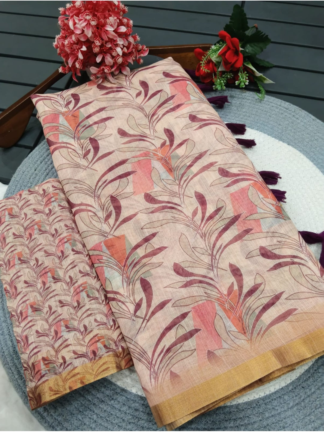 Peachmode Beige Botanical Printed Linen Saree - Image 3
