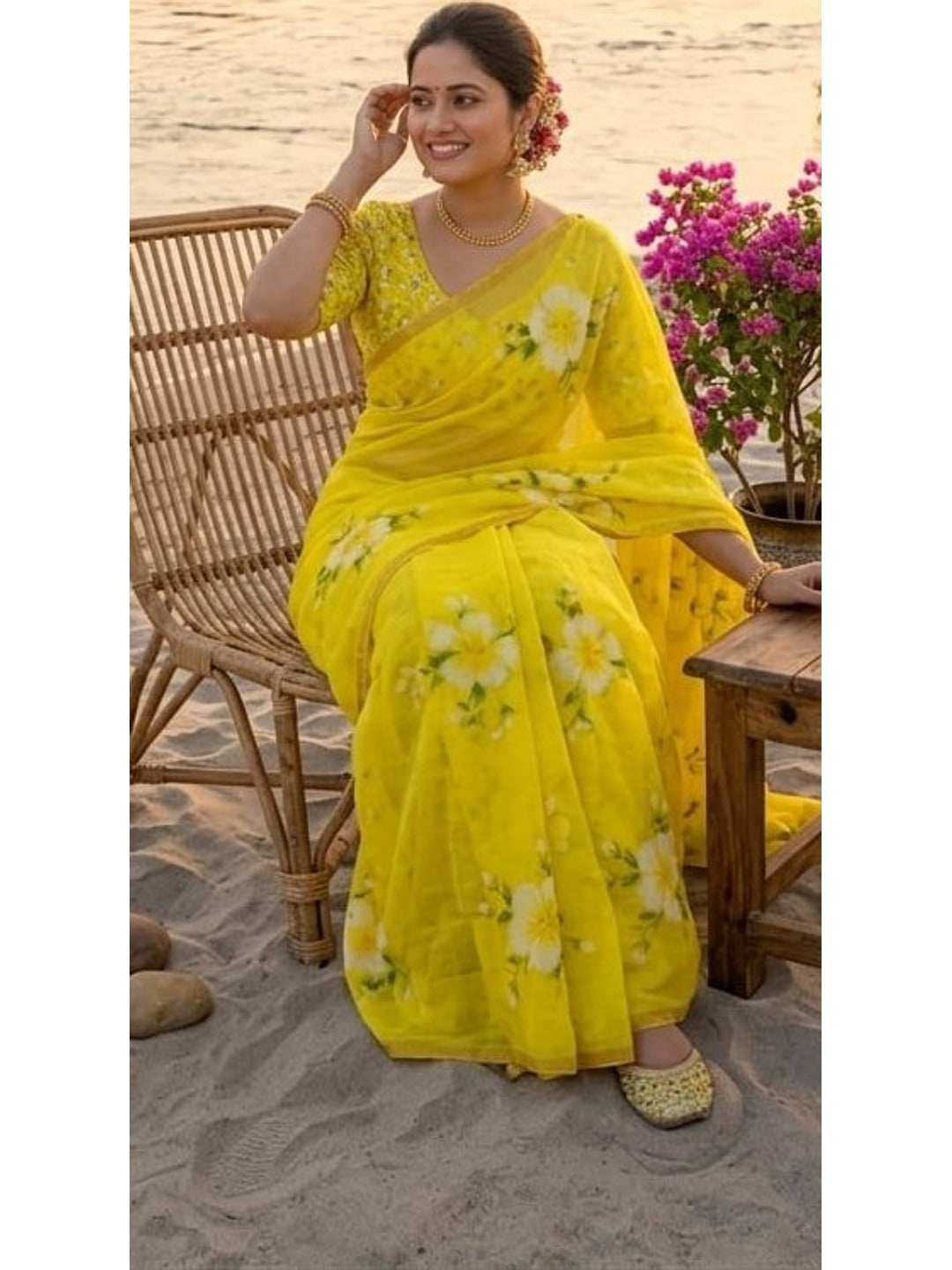 Peachmode Yellow Floral Printed Linen Saree - Image 2