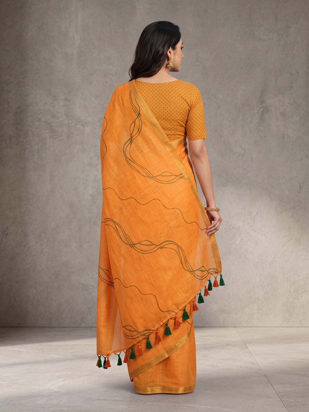 Peachmode Orange Line Printed Linen Saree - Image 5