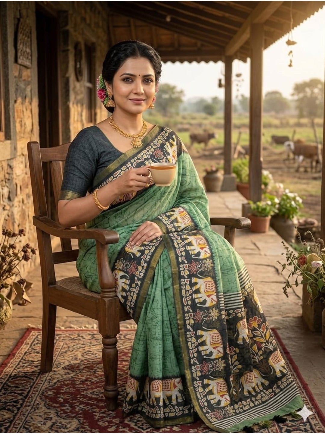 Peachmode Green Elephant Border Linen Saree - Image 2