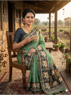 Peachmode Green Elephant Border Linen Saree - Image 2