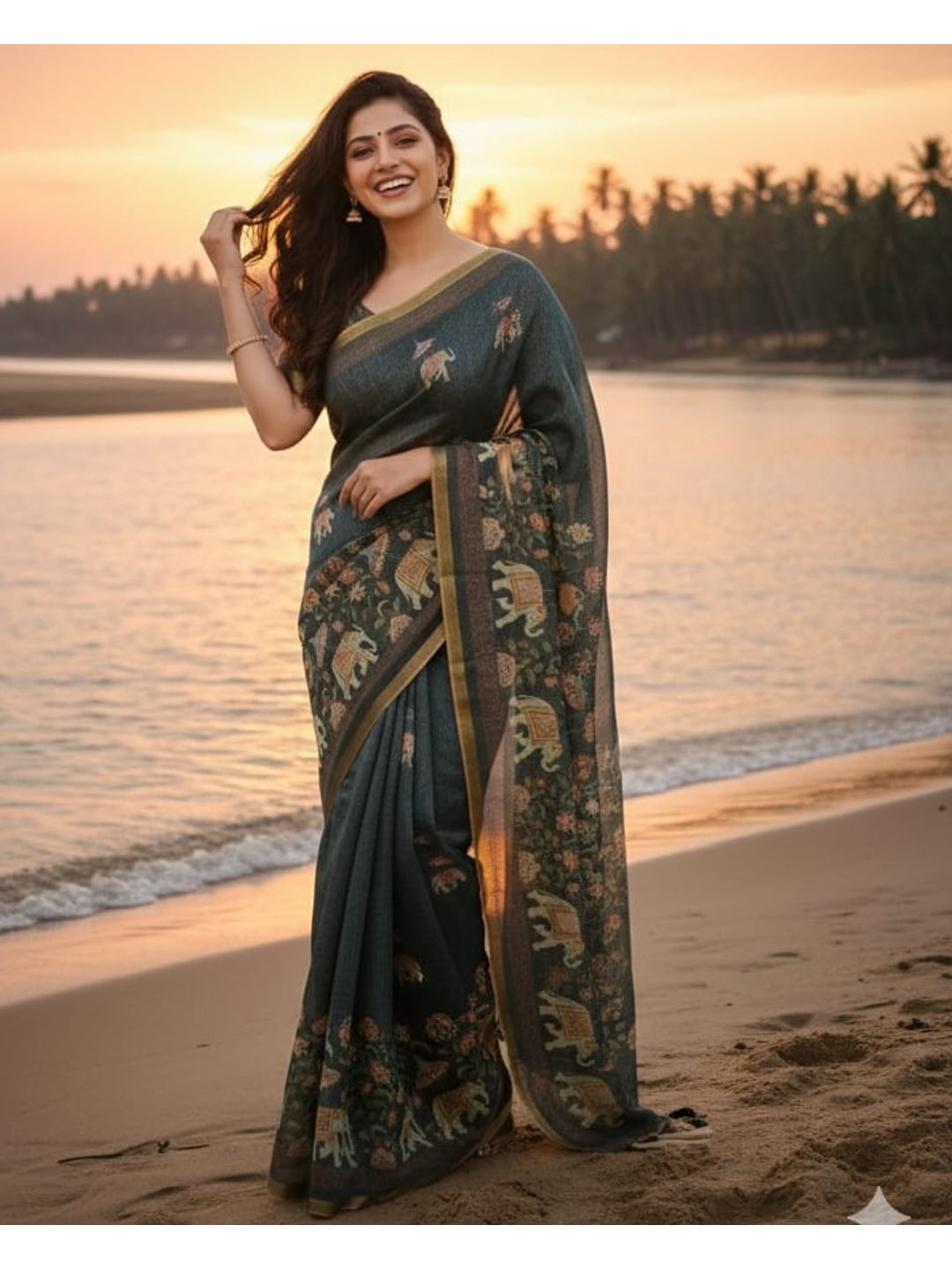 Peachmode Charcoal Elephant Printed Linen Saree - Image 1