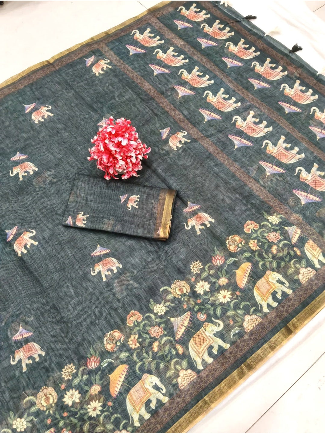 Peachmode Charcoal Elephant Printed Linen Saree - Image 2