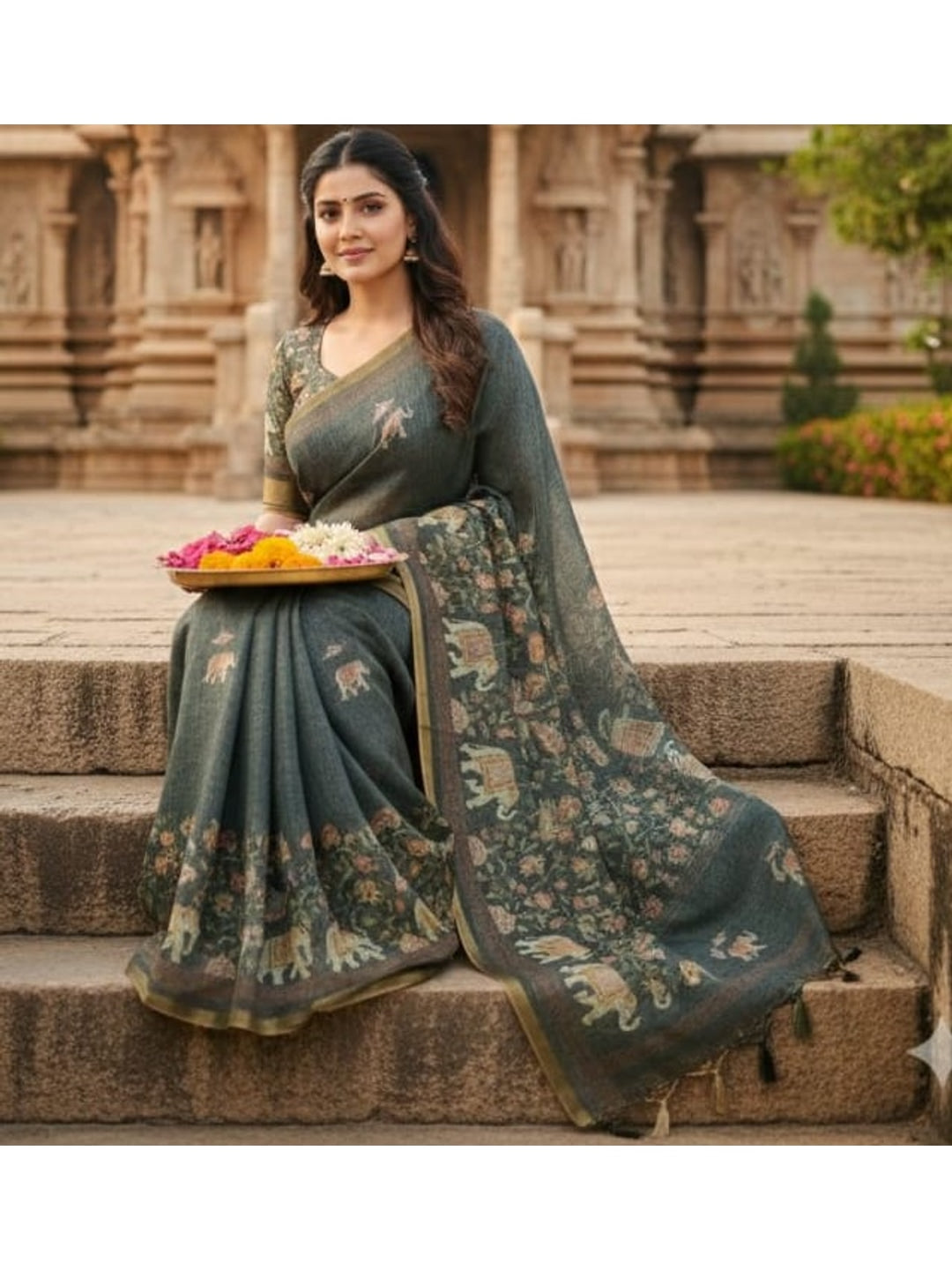 Peachmode Charcoal Elephant Printed Linen Saree - Image 3