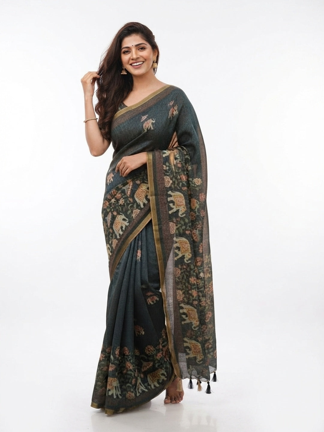 Peachmode Charcoal Elephant Printed Linen Saree - Image 5
