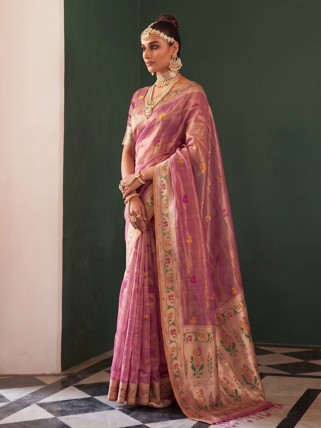 Peachmode Mauve Woven Tissue Silk Saree - Image 3