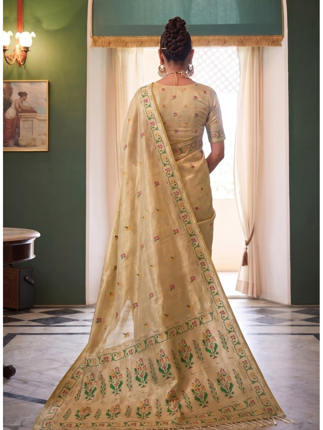 Peachmode Beige Woven Tissue Silk Saree - Image 2