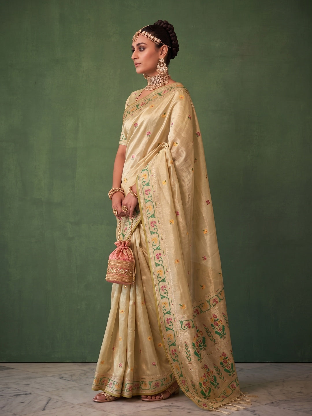 Peachmode Beige Woven Tissue Silk Saree - Image 3