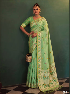 Peachmode Mint Green Woven Tissue Silk Saree - Image 1