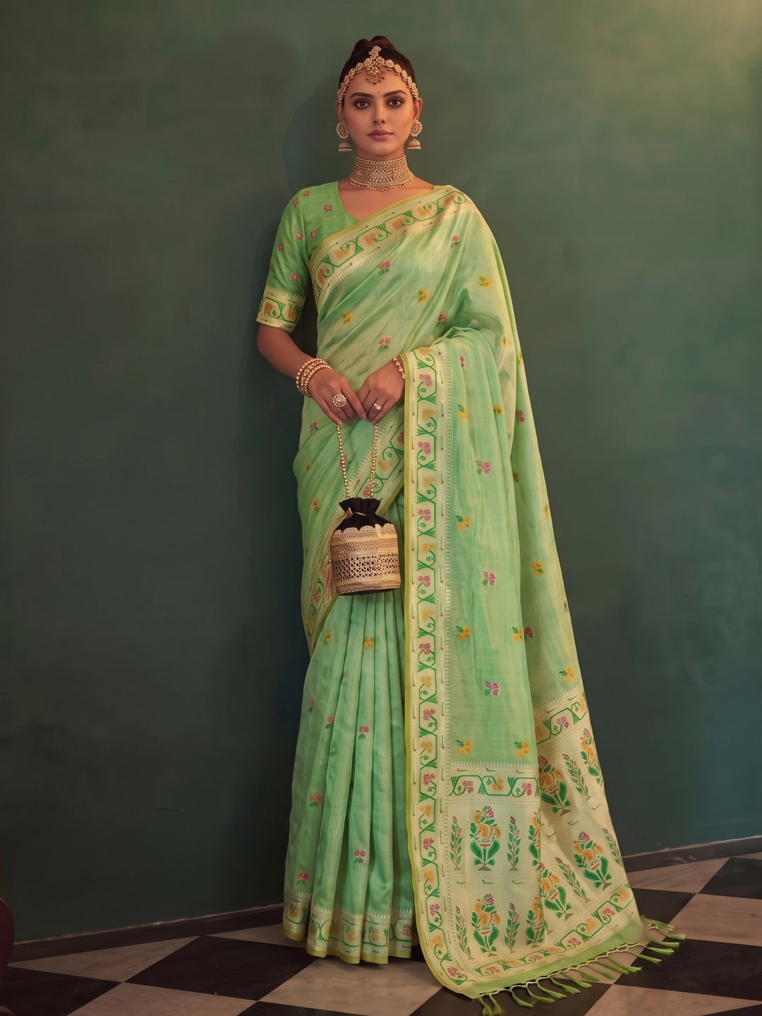 Peachmode Mint Green Woven Tissue Silk Saree - Image 5
