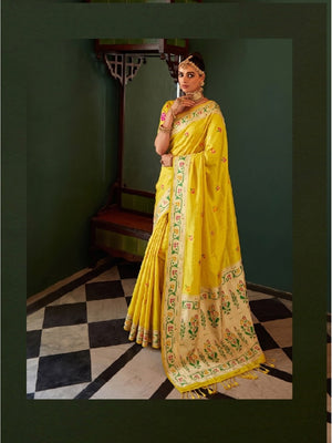 Peachmode Yellow Woven Tissue Silk Saree - Image 2