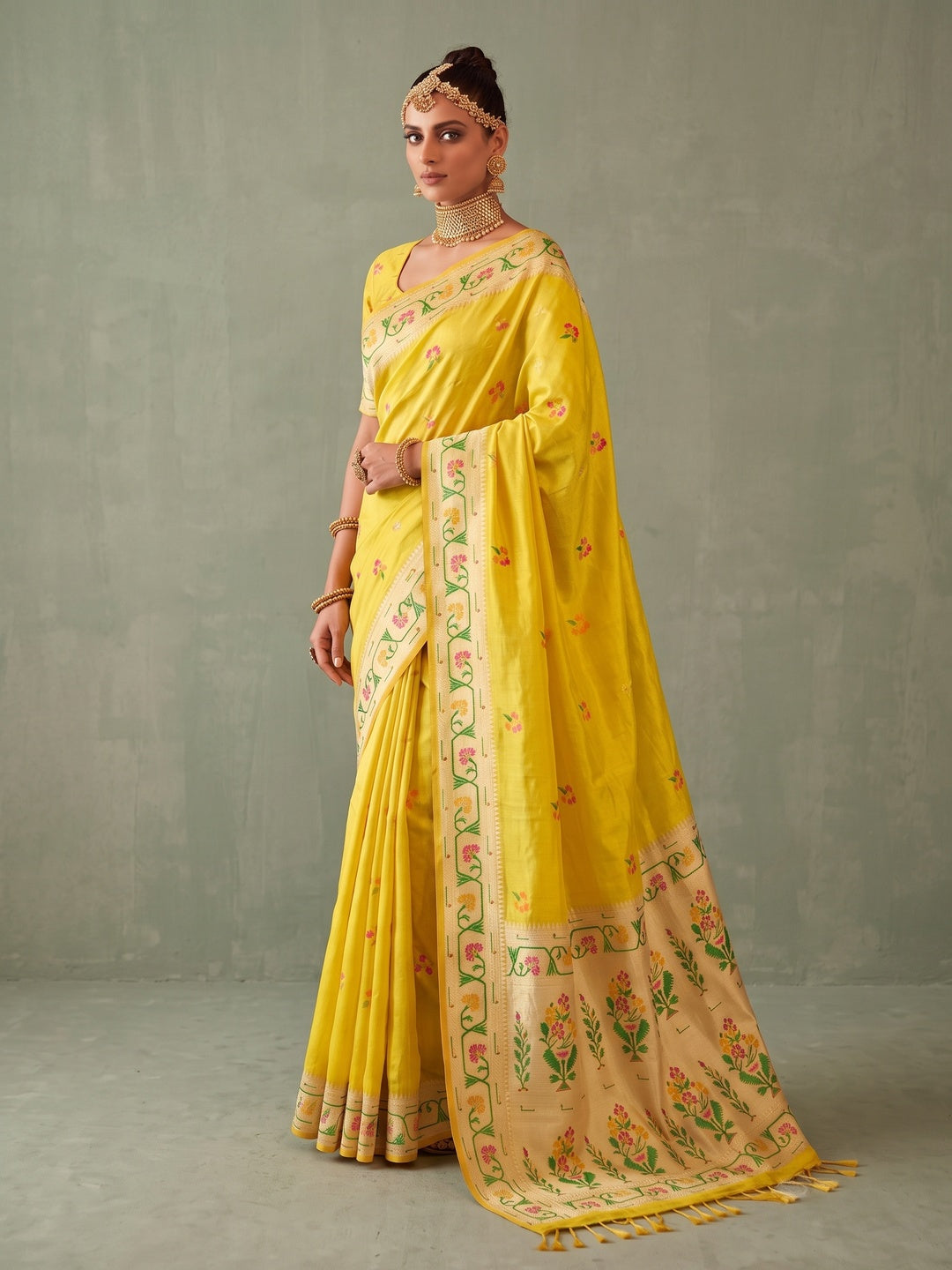 Peachmode Yellow Woven Tissue Silk Saree - Image 4