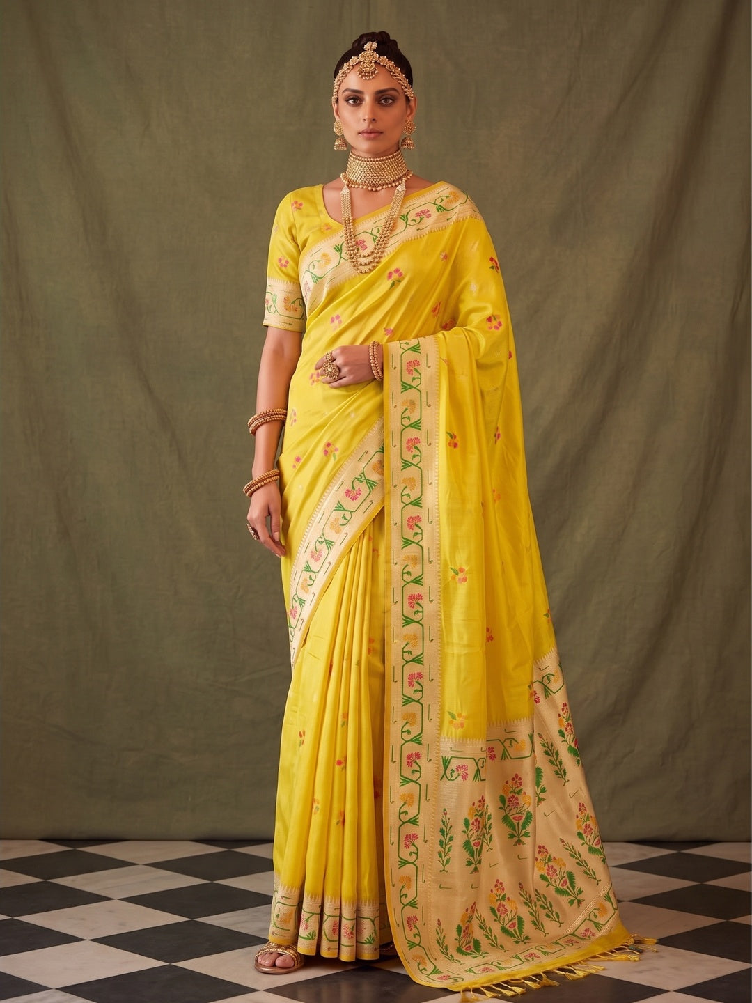 Peachmode Yellow Woven Tissue Silk Saree - Image 5