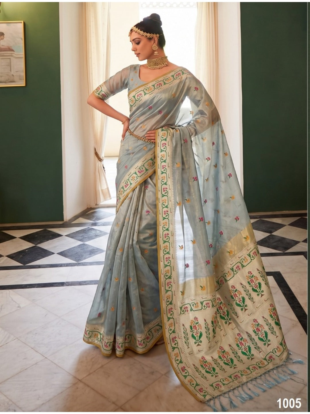 Peachmode Ice Blue Woven Tissue Silk Saree - Image 1