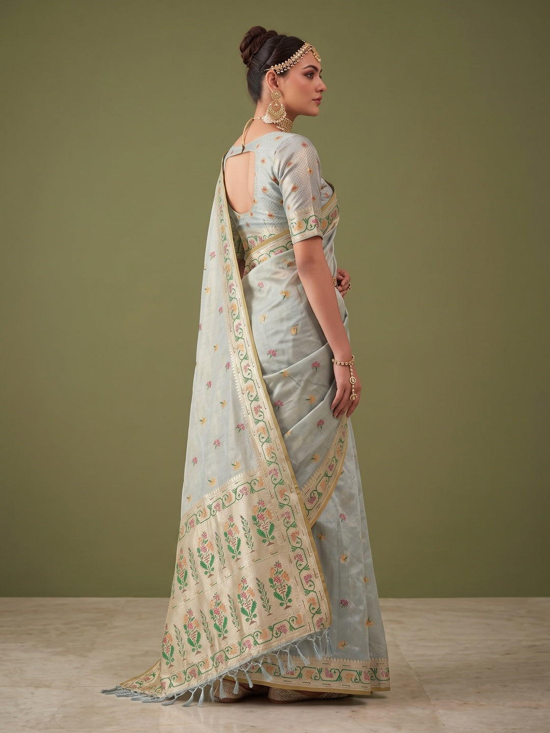 Peachmode Ice Blue Woven Tissue Silk Saree - Image 4