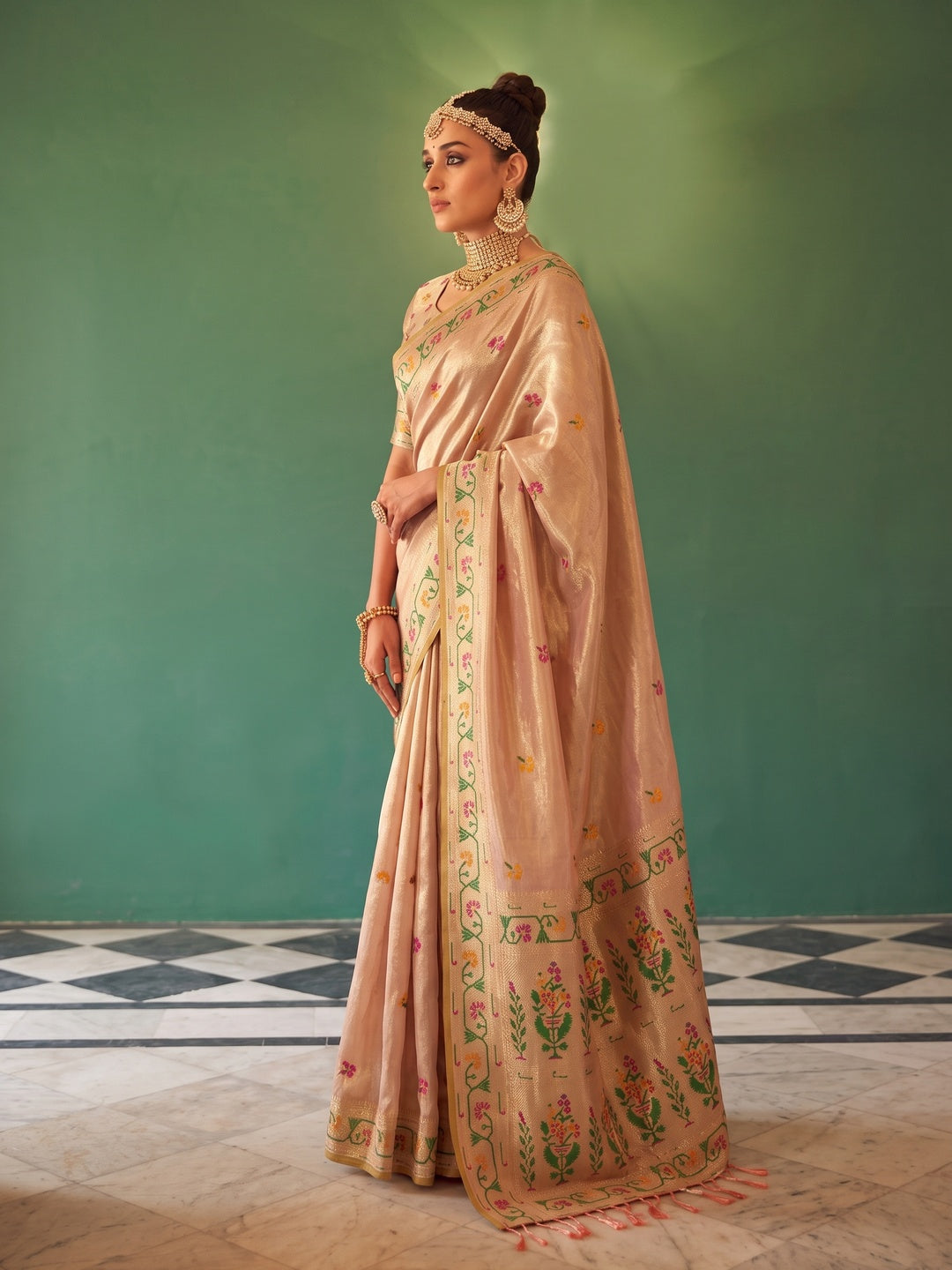 Peachmode Peach Woven Tissue Silk Saree - Image 3